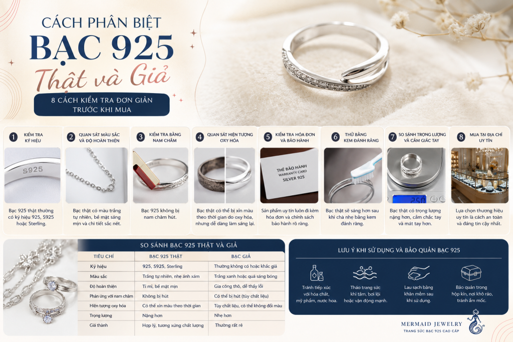 Cách phân biệt bạc 925 thật và giả với 8 dấu hiệu nhận biết đơn giản trước khi mua trang sức