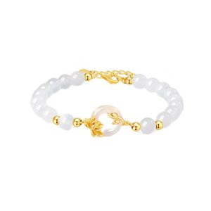 Vòng Tay Bạc 925 Đá Mã Não Trắng Phối Hoa Hồng Mạ Vàng Mermaid Jewelry Quà Tặng Nữ Thanh Lịch