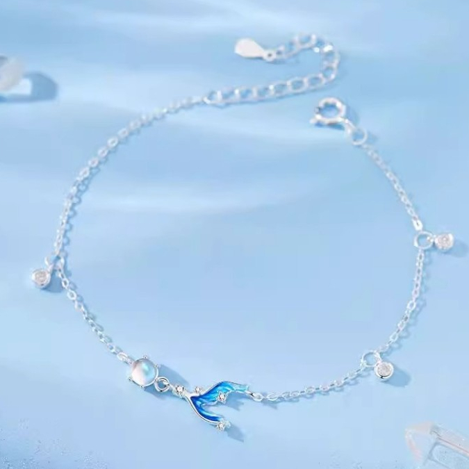 Lắc Tay Bạc 925 Nữ Mermaid Ocean Whisper Đính Đá Moonstone Đuôi Cá Men Xanh Kèm Hộp Quà